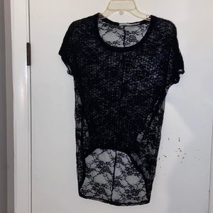 Black floral pattern blouse, high in front low in back, lace